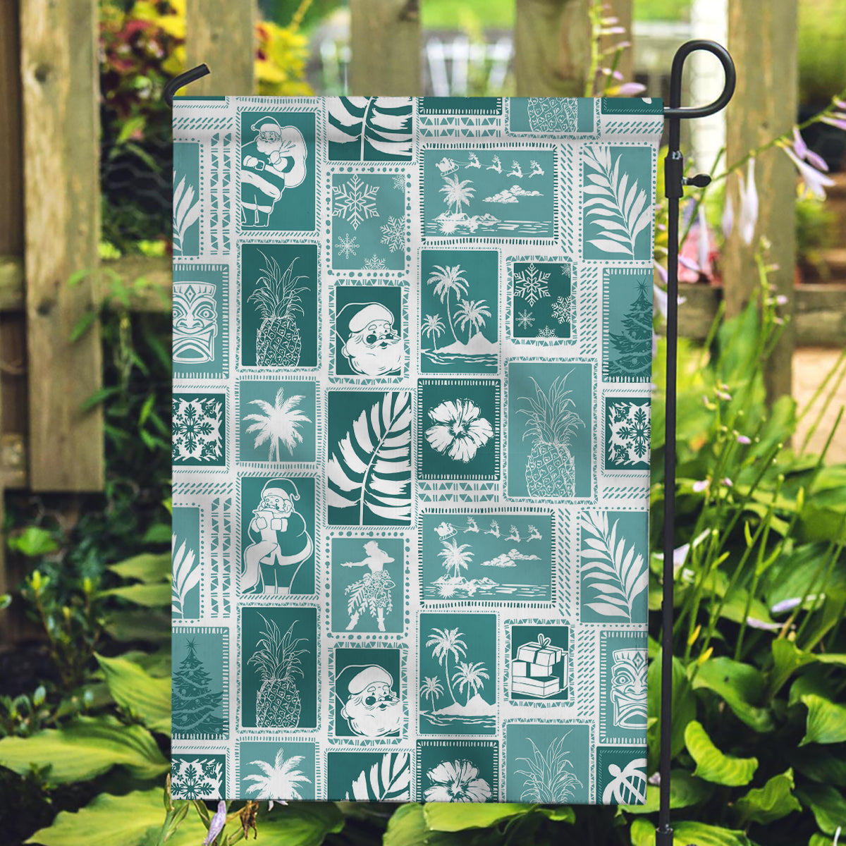 Hawaii Christmas Retro Patchwork Garden Flag Teal - Wonder Print Shop