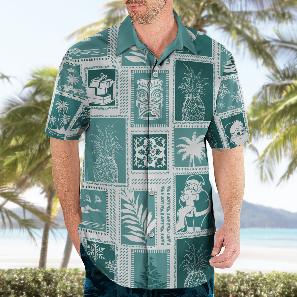 Hawaii Christmas Retro Patchwork Hawaiian Shirt Teal - Wonder Print Shop