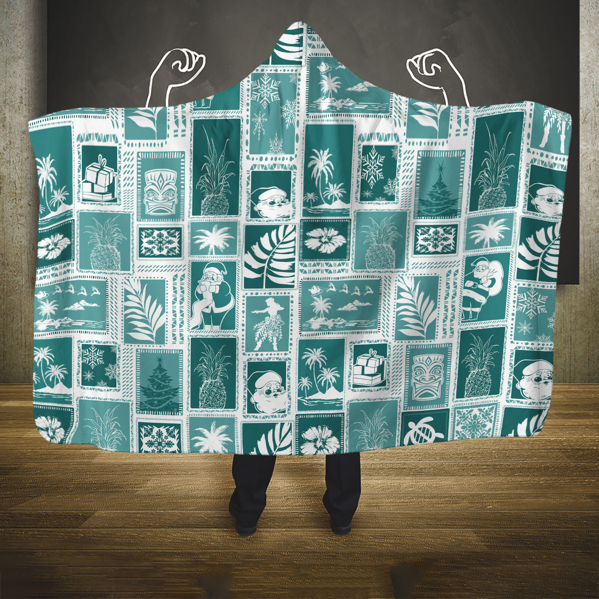 hawaii-christmas-retro-patchwork-hooded-blanket-teal