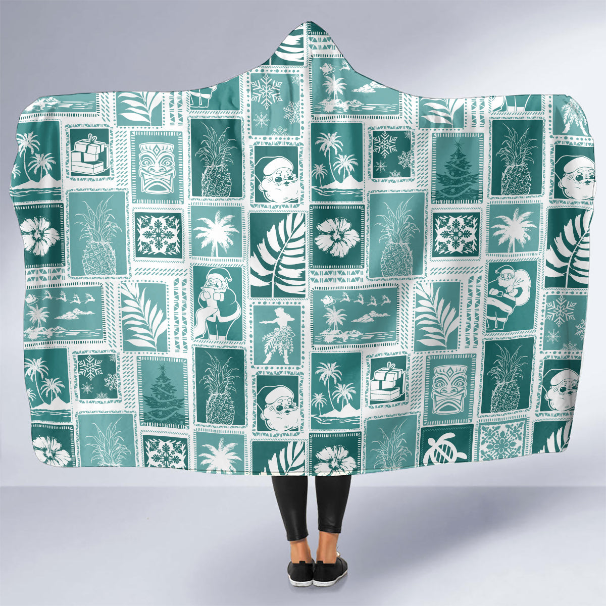 hawaii-christmas-retro-patchwork-hooded-blanket-teal