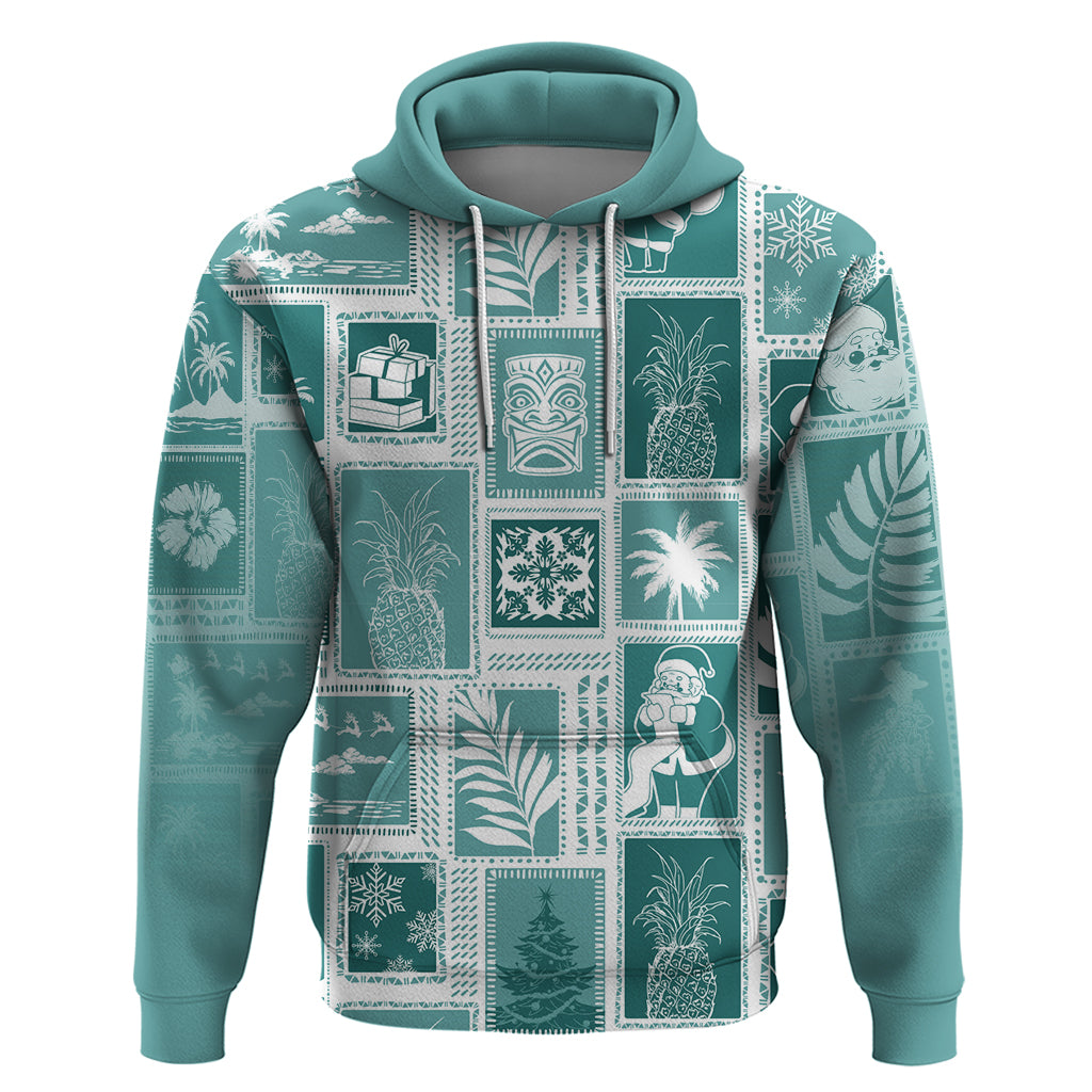 Hawaii Christmas Retro Patchwork Hoodie Teal - Wonder Print Shop