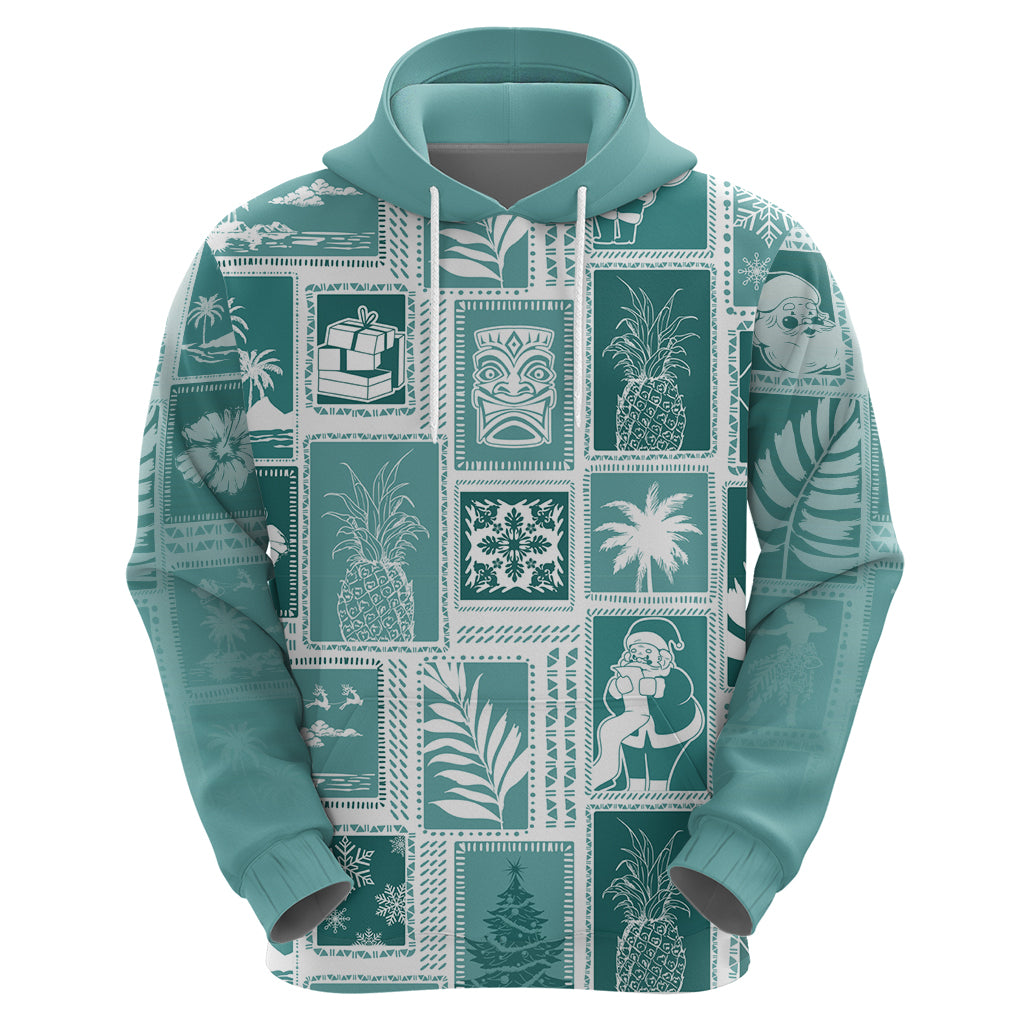 Hawaii Christmas Retro Patchwork Hoodie Teal - Wonder Print Shop