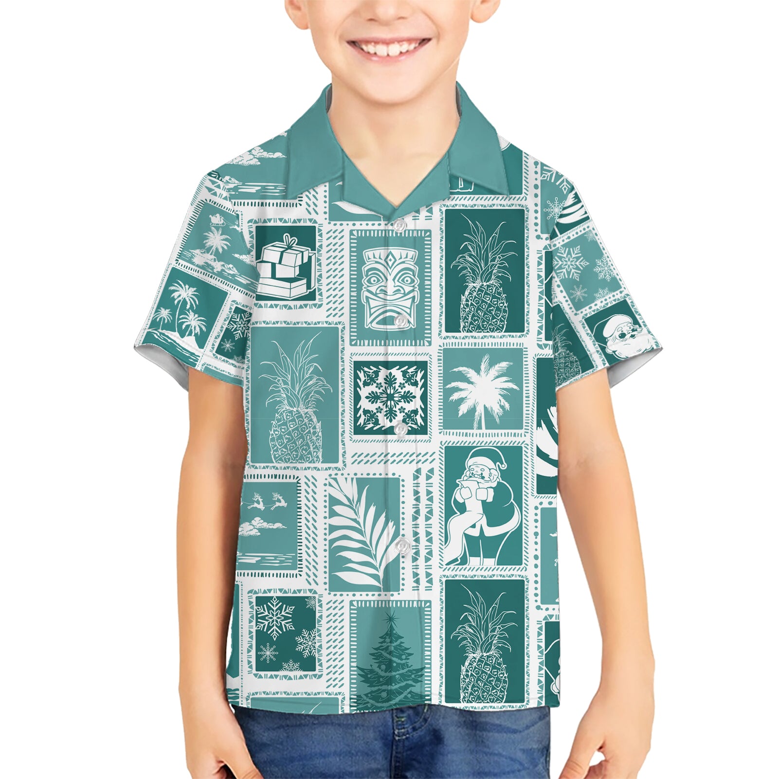 Hawaii Christmas Retro Patchwork Kid Hawaiian Shirt Teal - Wonder Print Shop