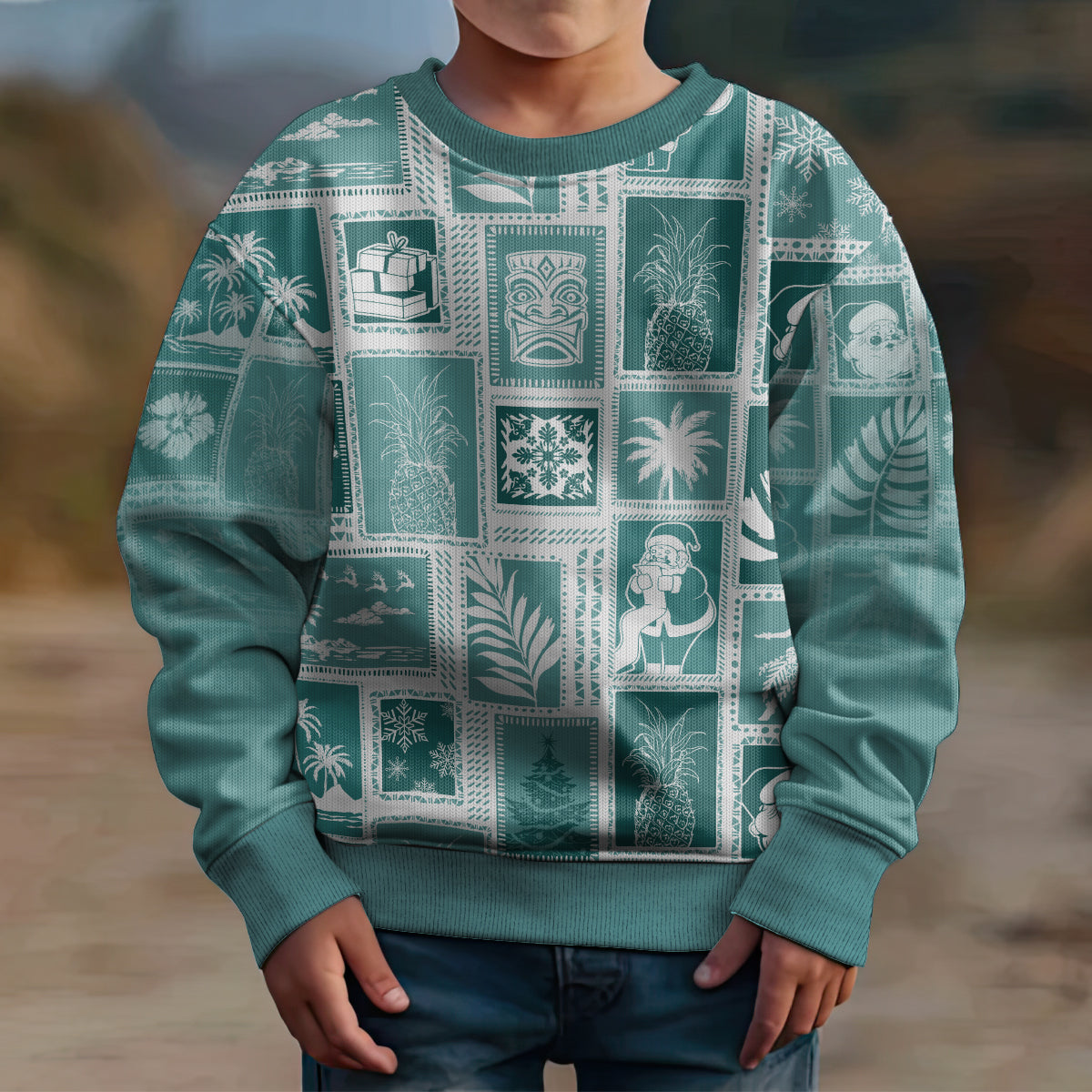 Hawaii Christmas Kid Ugly Christmas Sweater Retro Patchwork - Teal - Wonder Print Shop