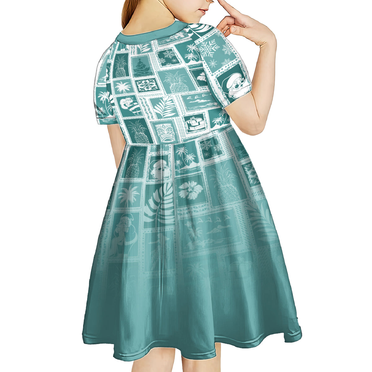 Hawaii Christmas Retro Patchwork Kid Short Sleeve Dress Teal - Wonder Print Shop