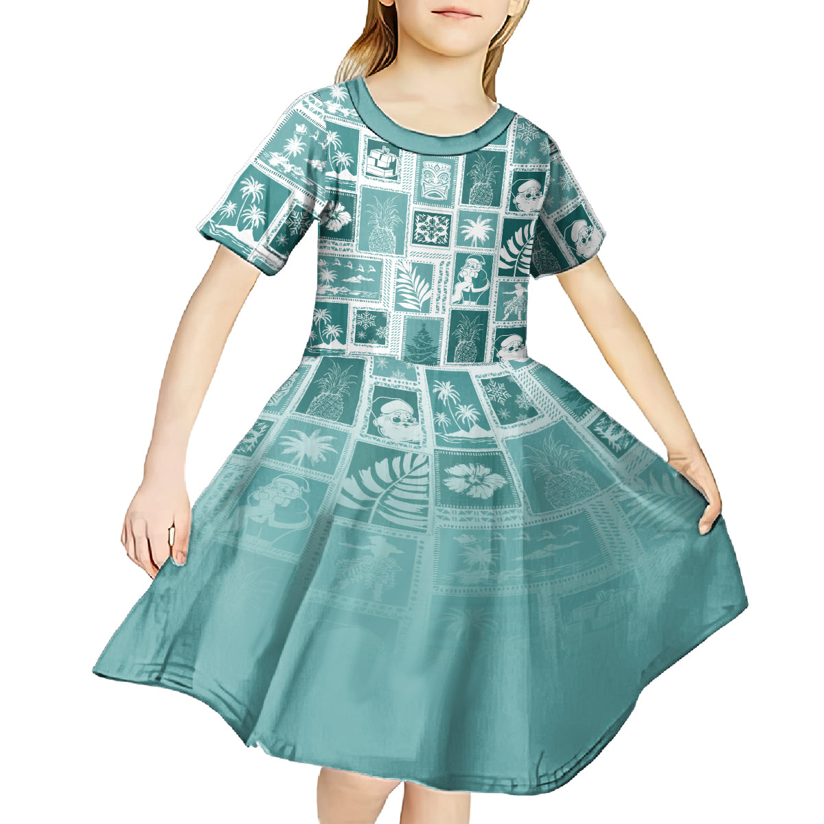 Hawaii Christmas Retro Patchwork Kid Short Sleeve Dress Teal - Wonder Print Shop