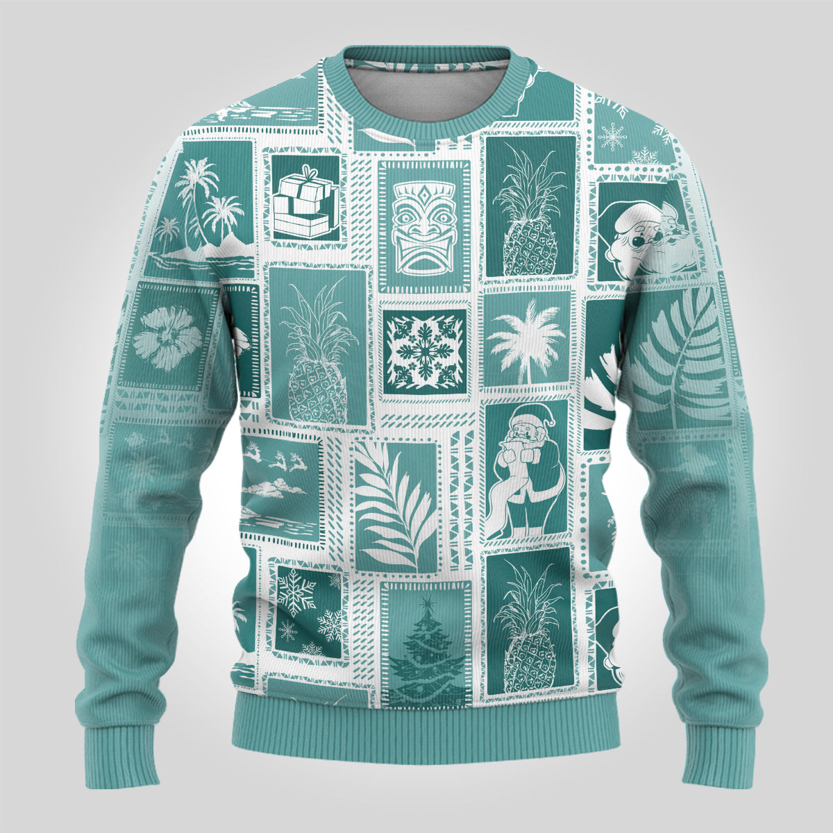 Hawaii Christmas Ugly Christmas Sweater Retro Patchwork - Teal - Wonder Print Shop