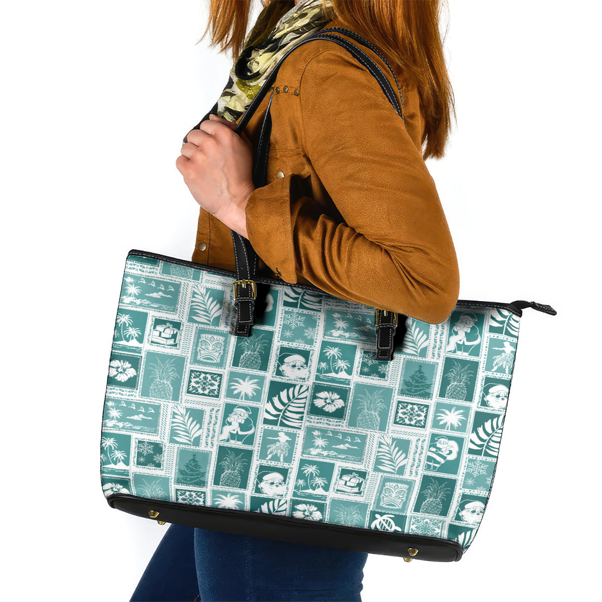 Hawaii Christmas Retro Patchwork Leather Tote Bag Teal - Wonder Print Shop