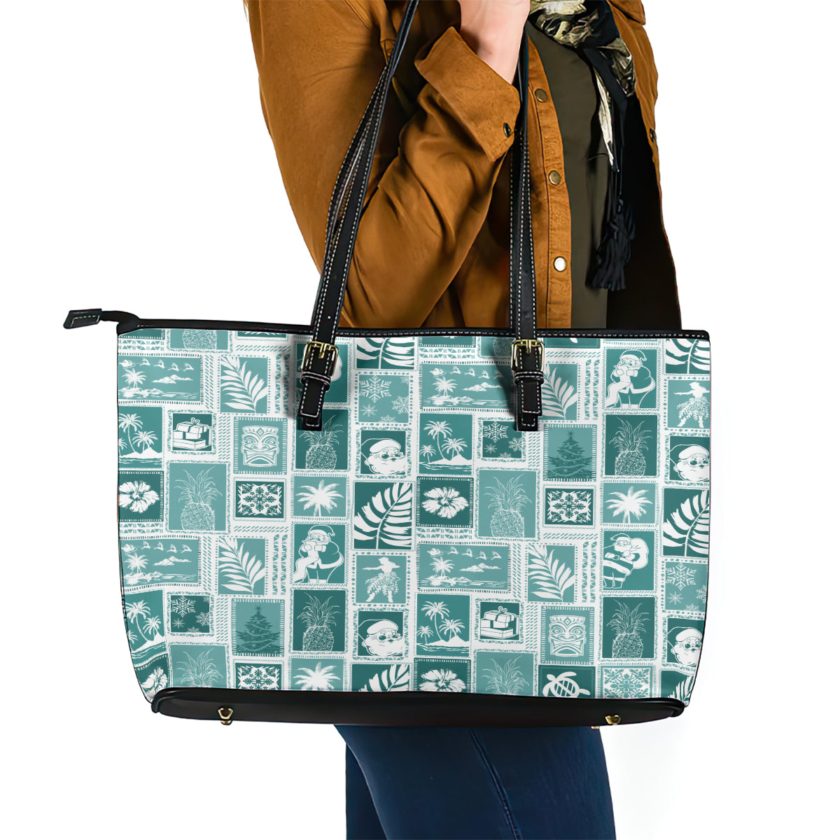 Hawaii Christmas Retro Patchwork Leather Tote Bag Teal - Wonder Print Shop