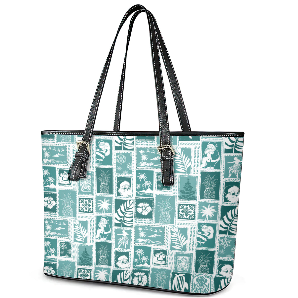 Hawaii Christmas Retro Patchwork Leather Tote Bag Teal - Wonder Print Shop