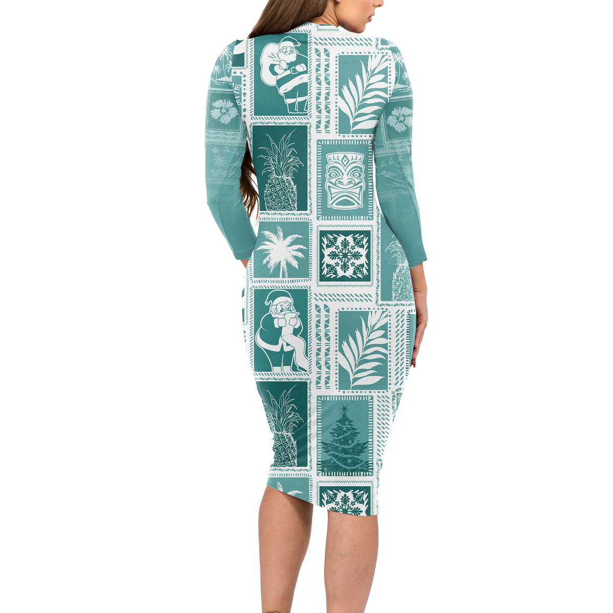 Hawaii Christmas Retro Patchwork Long Sleeve Bodycon Dress Teal - Wonder Print Shop