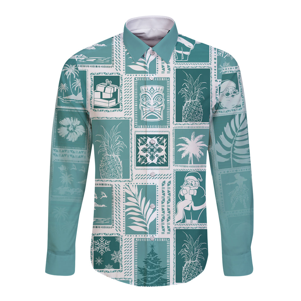 Hawaii Christmas Retro Patchwork Long Sleeve Button Shirt Teal - Wonder Print Shop