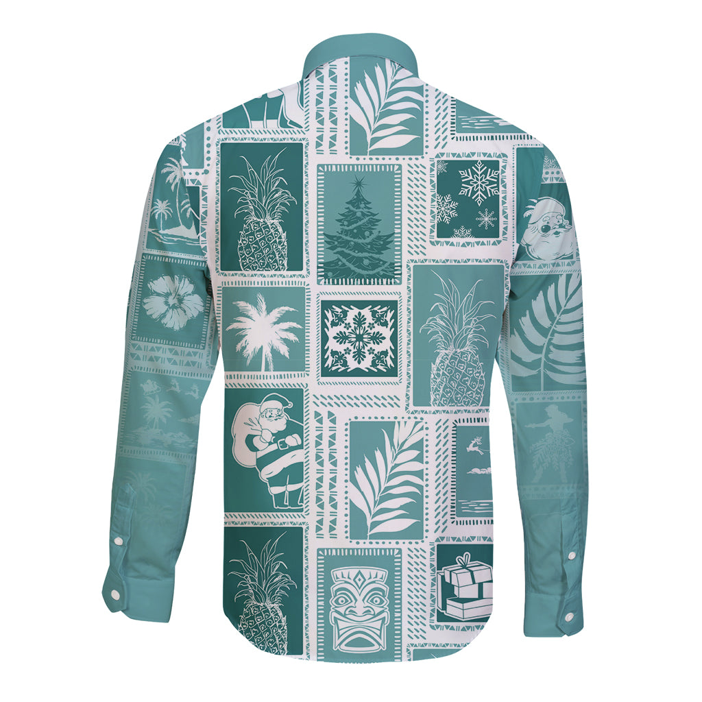 Hawaii Christmas Retro Patchwork Long Sleeve Button Shirt Teal - Wonder Print Shop