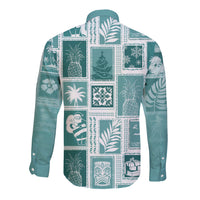 Hawaii Christmas Retro Patchwork Long Sleeve Button Shirt Teal - Wonder Print Shop