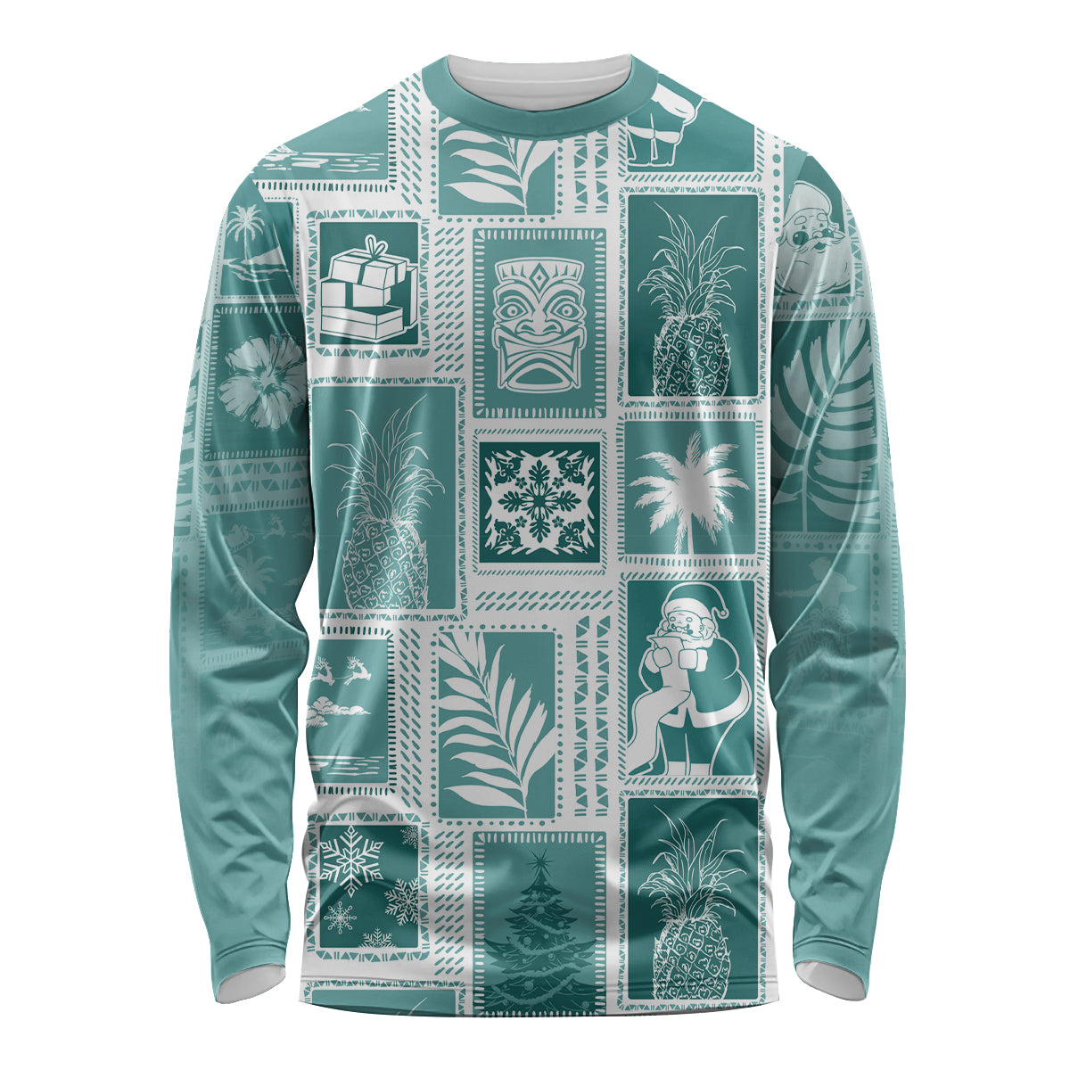 Hawaii Christmas Retro Patchwork Long Sleeve Shirt Teal - Wonder Print Shop