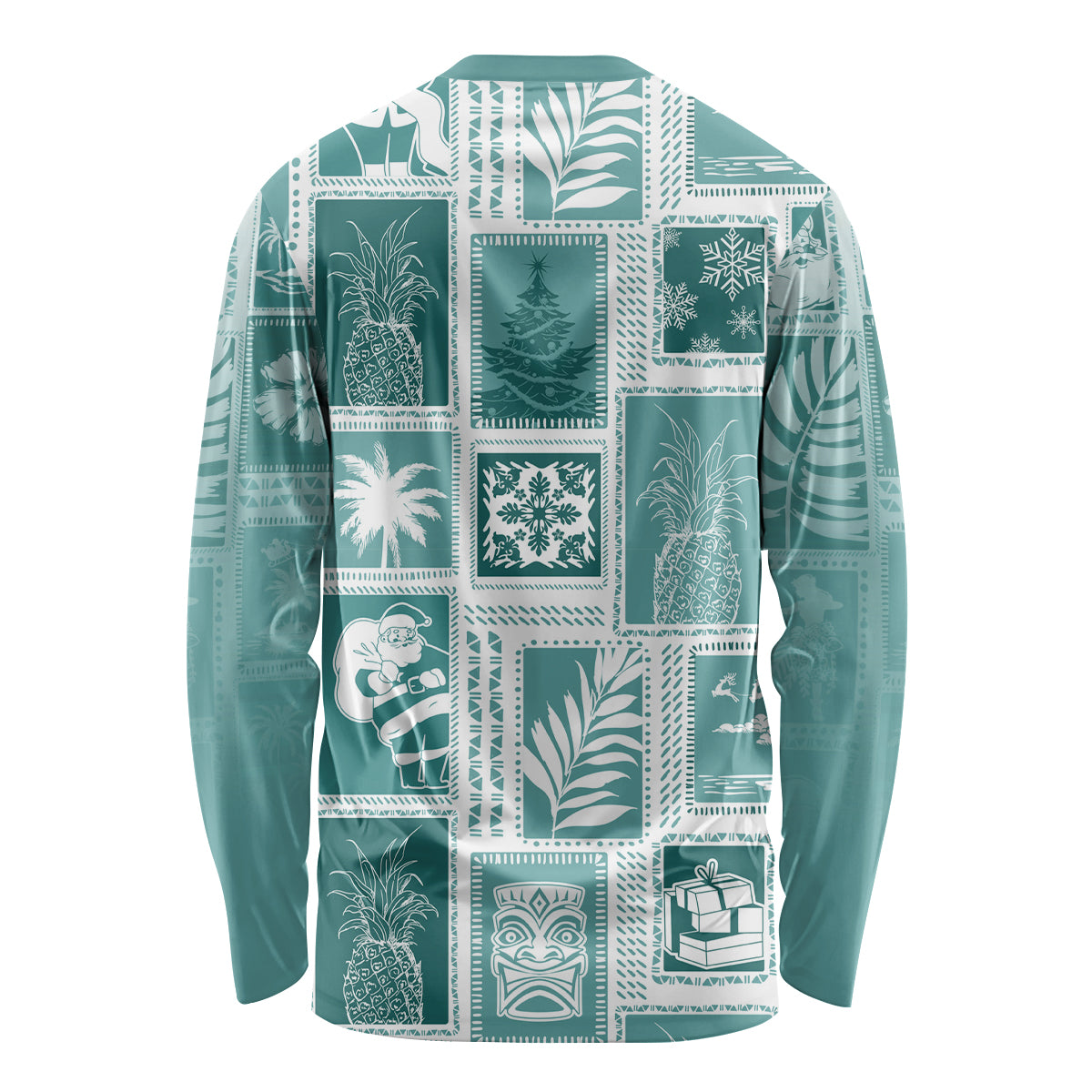 Hawaii Christmas Retro Patchwork Long Sleeve Shirt Teal - Wonder Print Shop