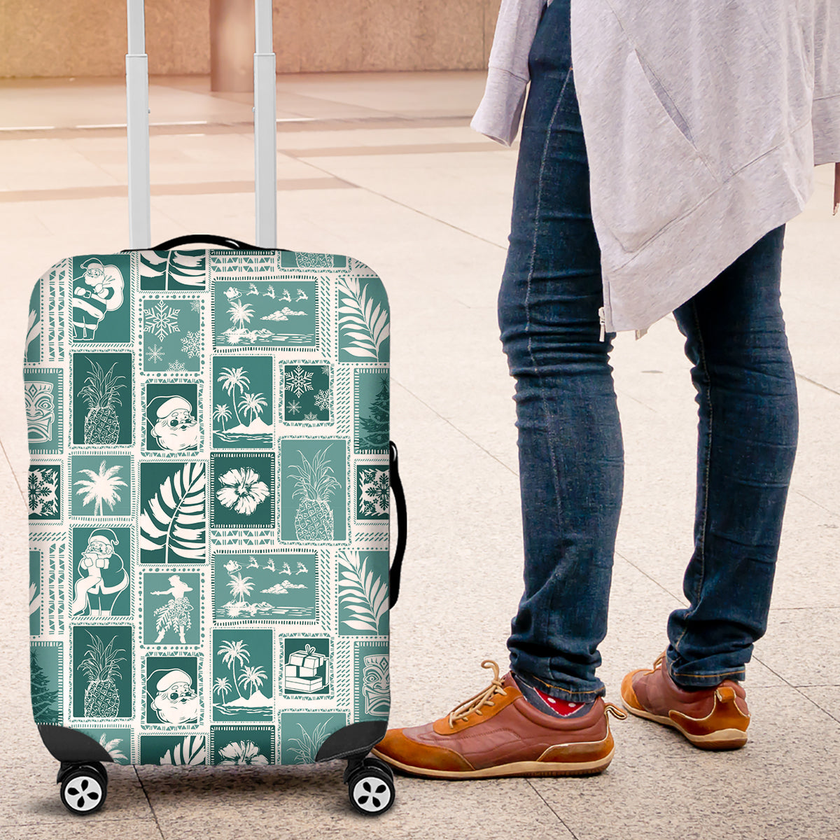 Hawaii Christmas Retro Patchwork Luggage Cover Teal - Wonder Print Shop