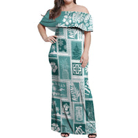 Hawaii Christmas Retro Patchwork Off Shoulder Maxi Dress Teal - Wonder Print Shop