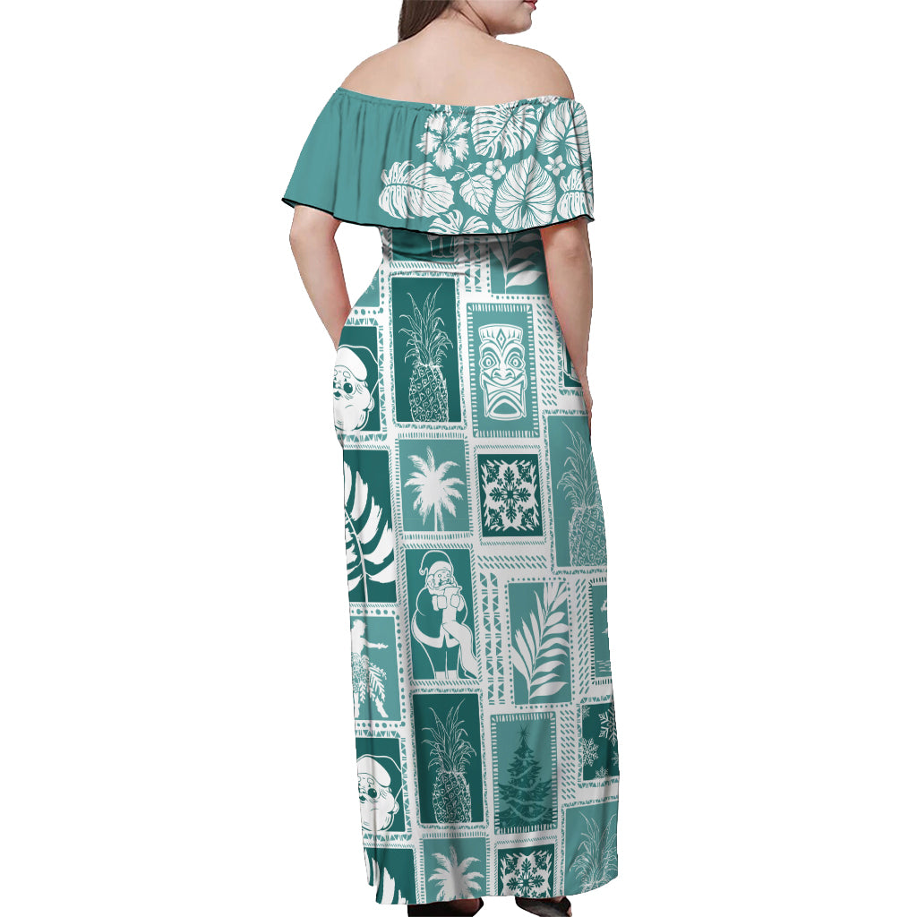 Hawaii Christmas Retro Patchwork Off Shoulder Maxi Dress Teal - Wonder Print Shop