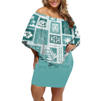 Hawaii Christmas Retro Patchwork Off Shoulder Short Dress Teal - Wonder Print Shop
