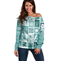 Hawaii Christmas Retro Patchwork Off Shoulder Sweater Teal - Wonder Print Shop