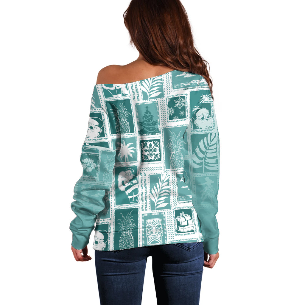 Hawaii Christmas Retro Patchwork Off Shoulder Sweater Teal - Wonder Print Shop