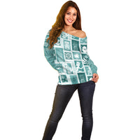 Hawaii Christmas Retro Patchwork Off Shoulder Sweater Teal - Wonder Print Shop