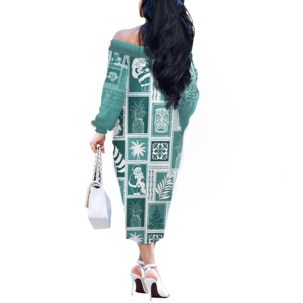 Hawaii Christmas Retro Patchwork Off The Shoulder Long Sleeve Dress Teal - Wonder Print Shop