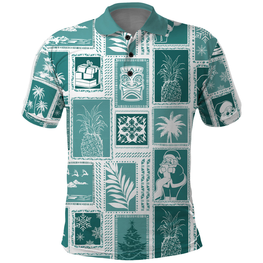 Hawaii Christmas Retro Patchwork Polo Shirt Teal - Wonder Print Shop