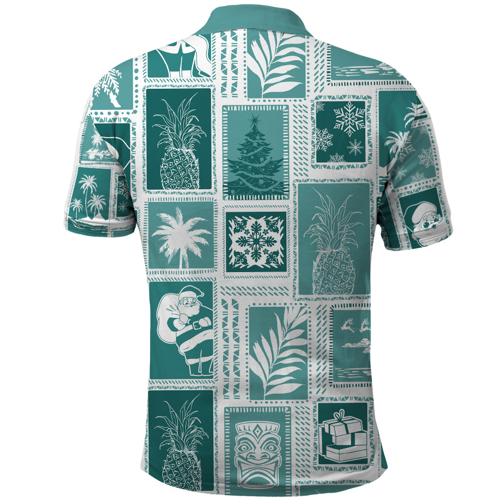 Hawaii Christmas Retro Patchwork Polo Shirt Teal - Wonder Print Shop