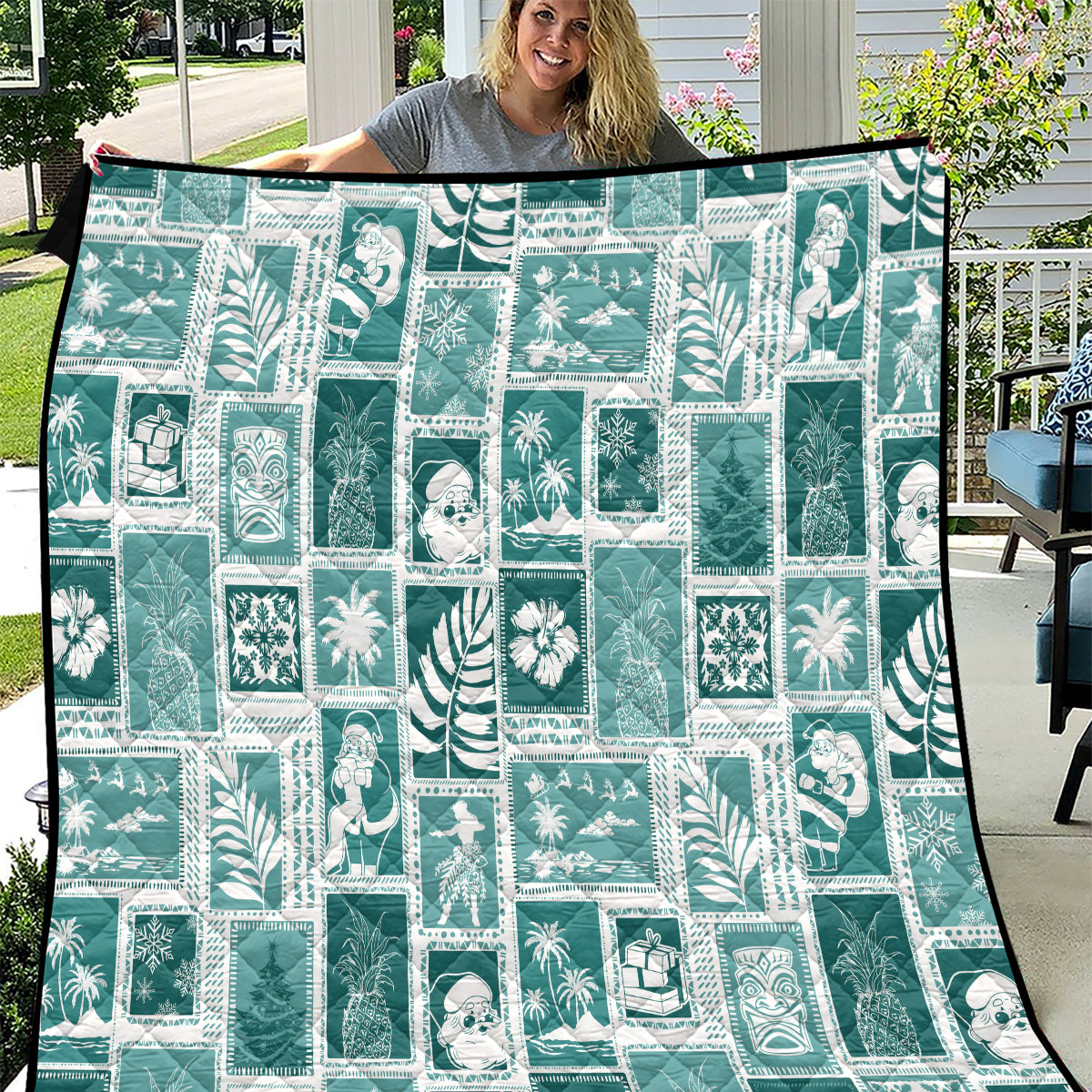 Hawaii Christmas Retro Patchwork Quilt Teal - Wonder Print Shop