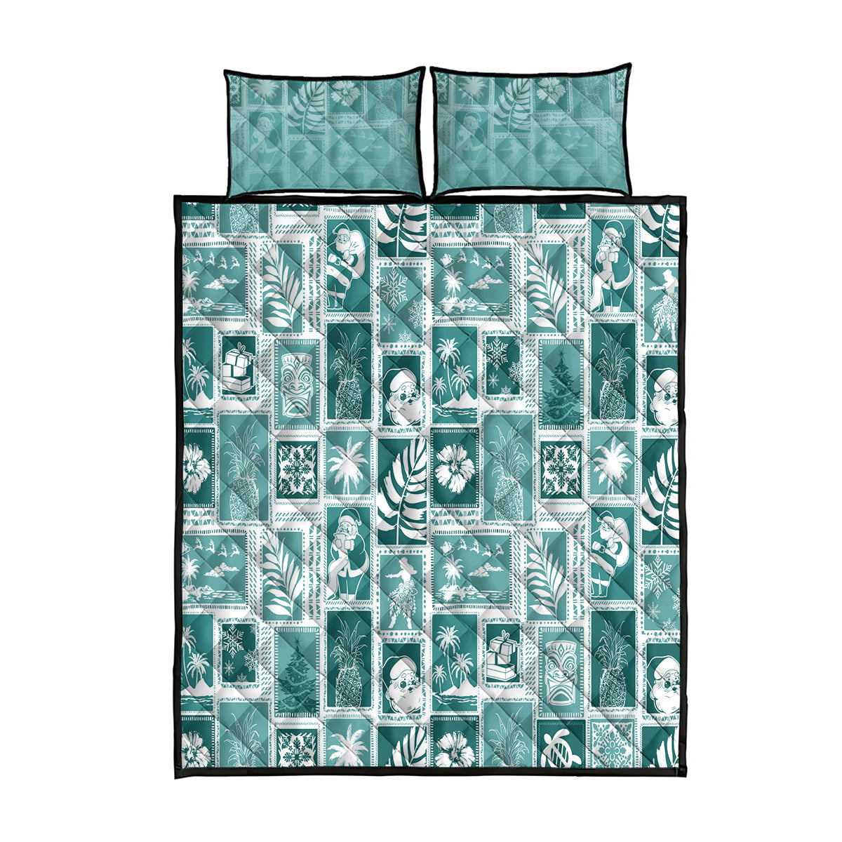 Hawaii Christmas Retro Patchwork Quilt Bed Set Teal - Wonder Print Shop