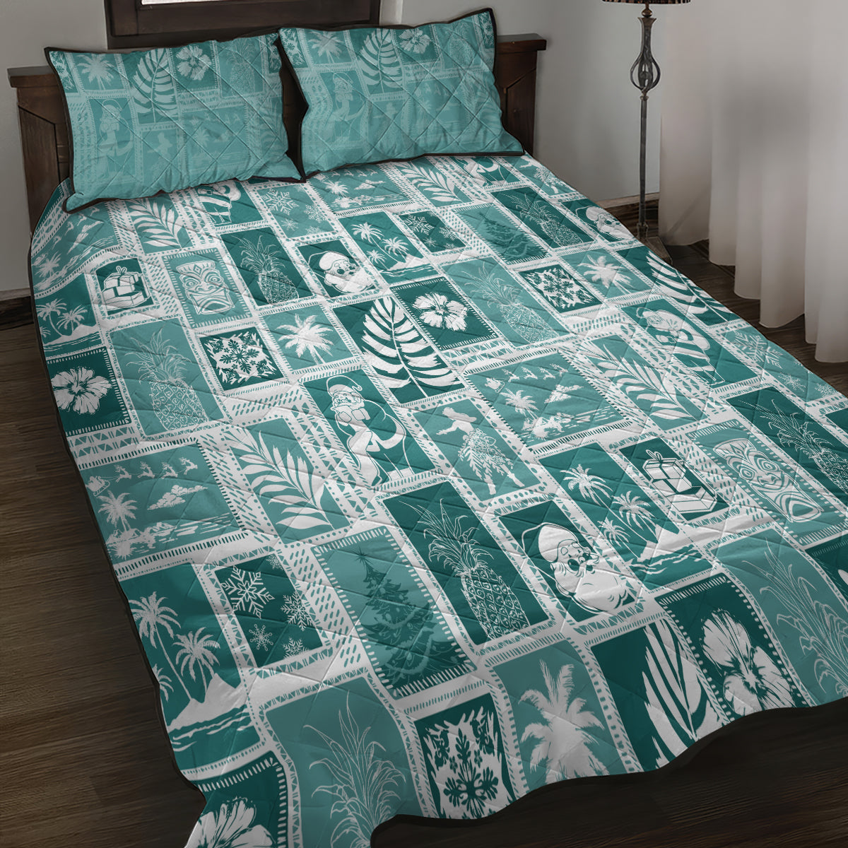 Hawaii Christmas Retro Patchwork Quilt Bed Set Teal - Wonder Print Shop