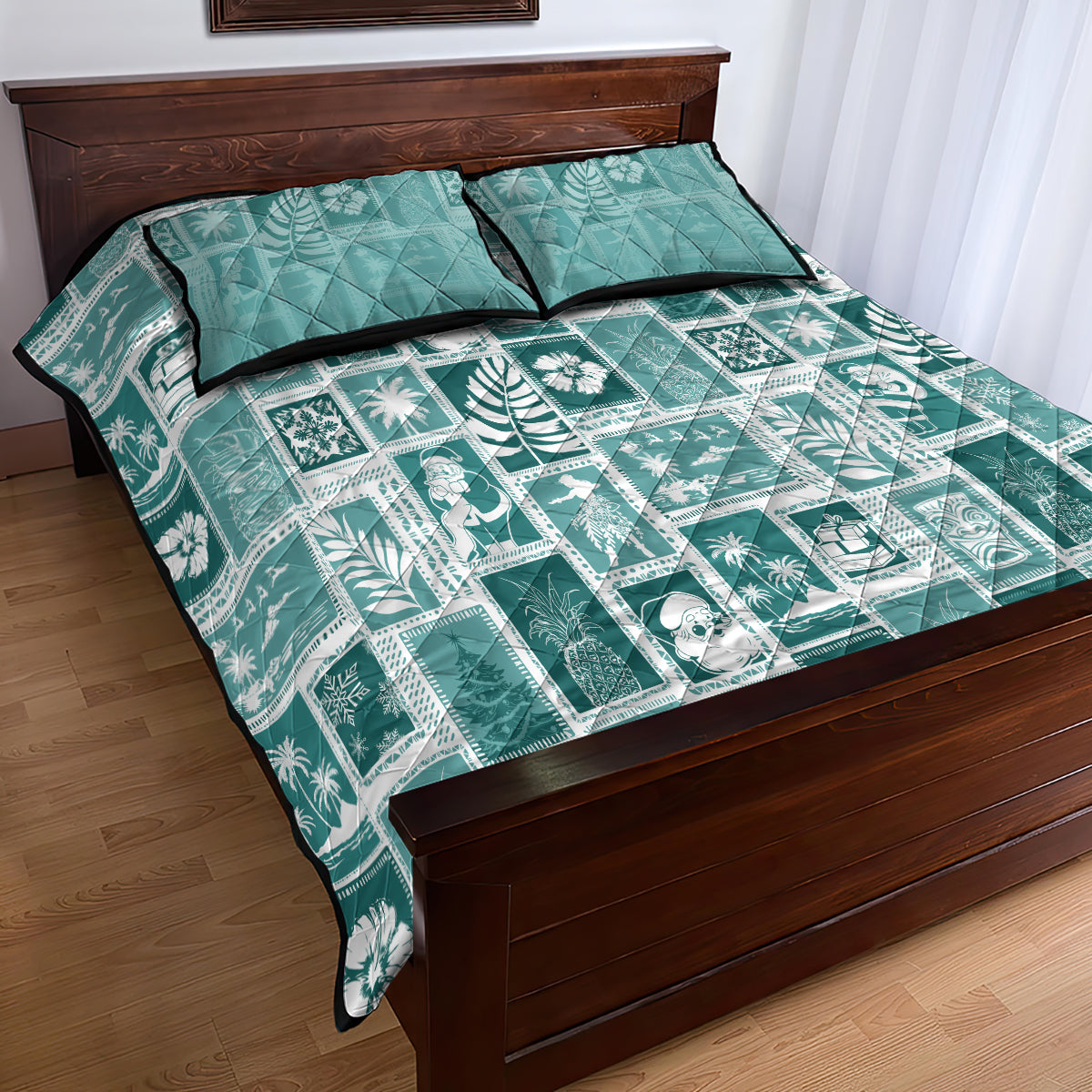 Hawaii Christmas Retro Patchwork Quilt Bed Set Teal - Wonder Print Shop