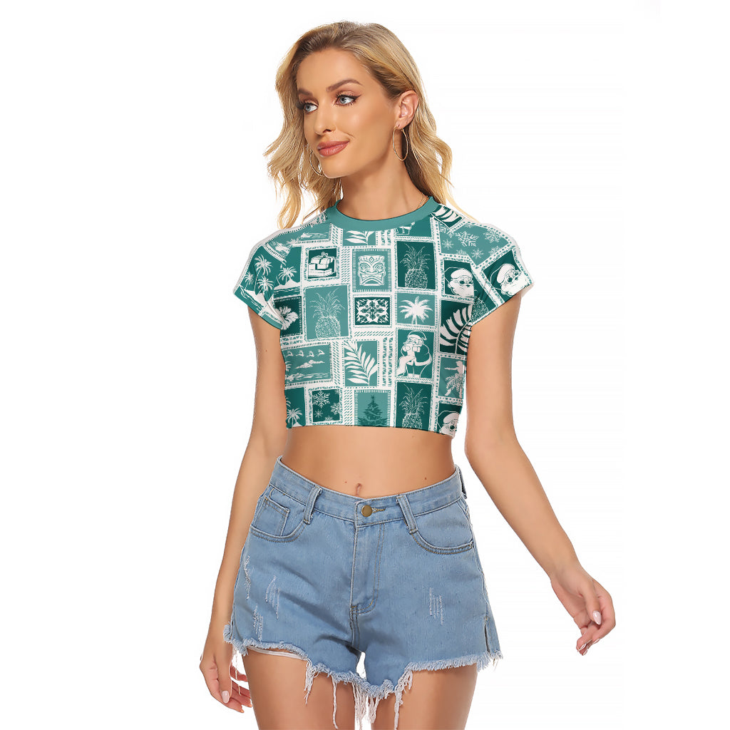 Hawaii Christmas Retro Patchwork Raglan Cropped T Shirt Teal - Wonder Print Shop
