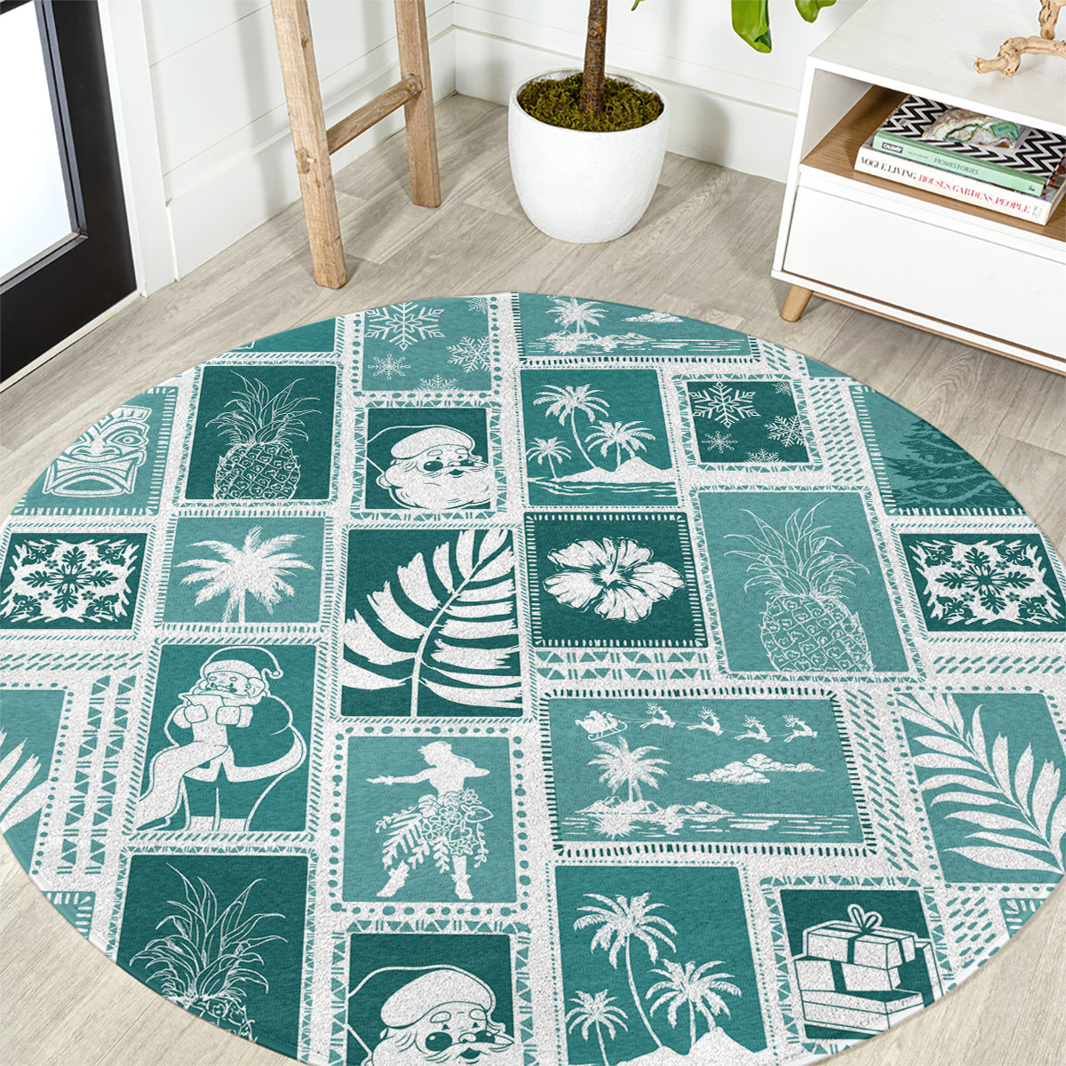 hawaii-christmas-retro-patchwork-round-carpet-teal