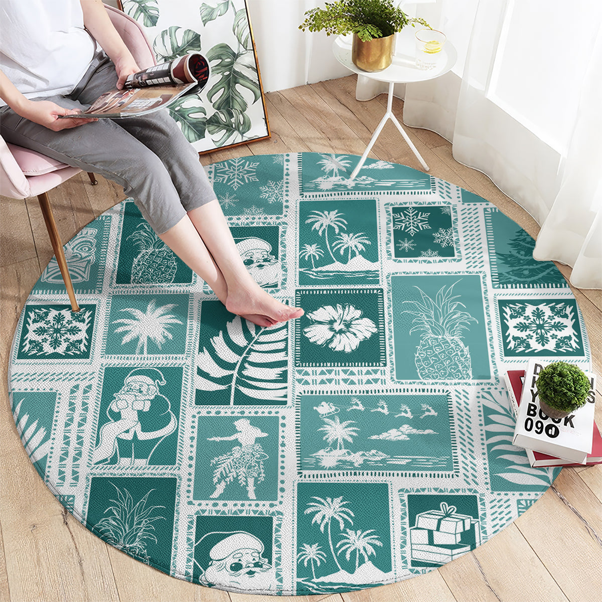 hawaii-christmas-retro-patchwork-round-carpet-teal