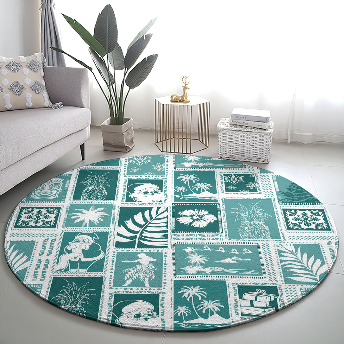 hawaii-christmas-retro-patchwork-round-carpet-teal
