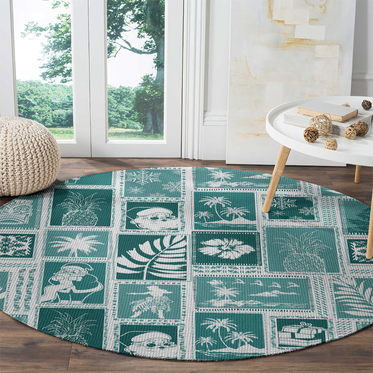 hawaii-christmas-retro-patchwork-round-carpet-teal