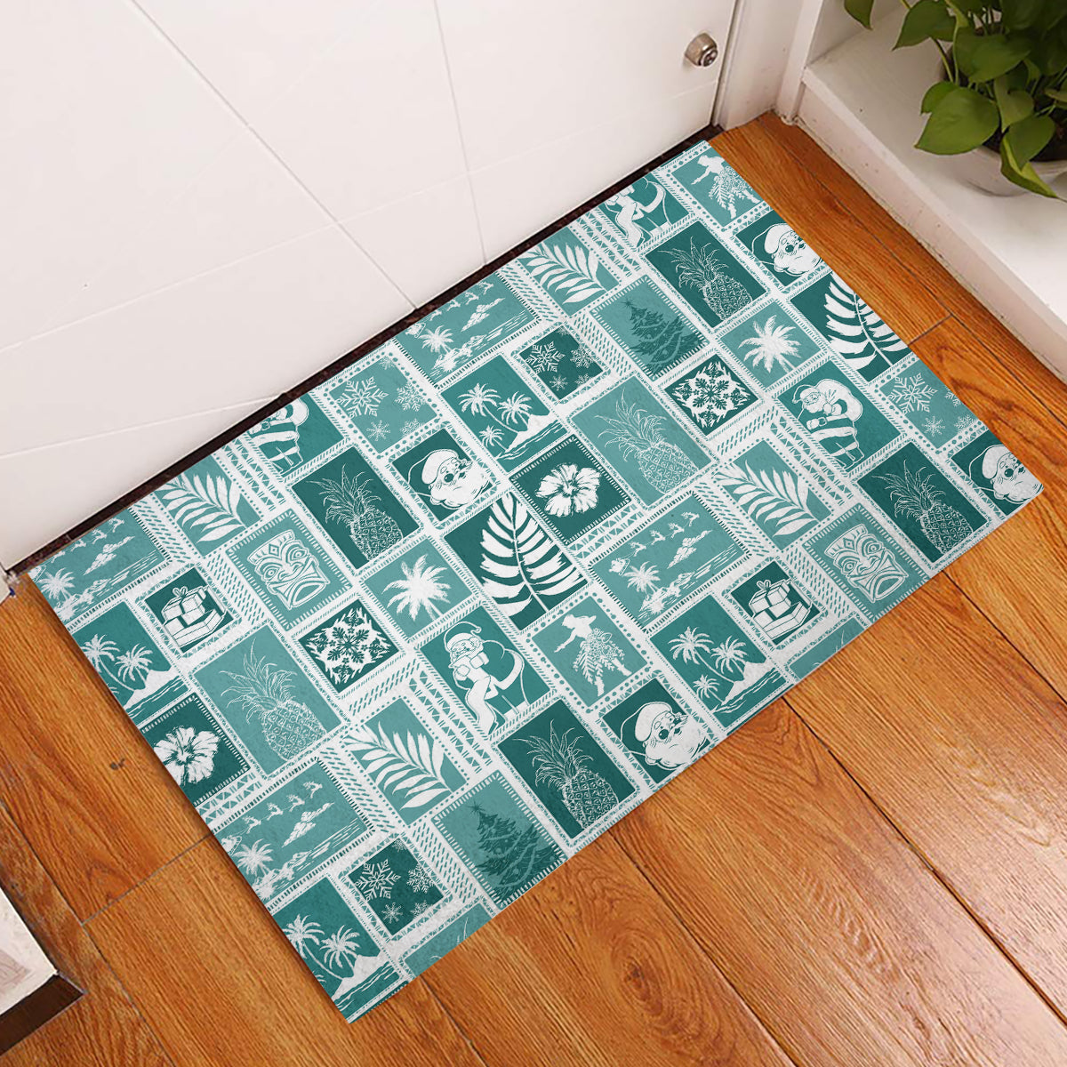 Hawaii Christmas Retro Patchwork Rubber Doormat Teal - Wonder Print Shop
