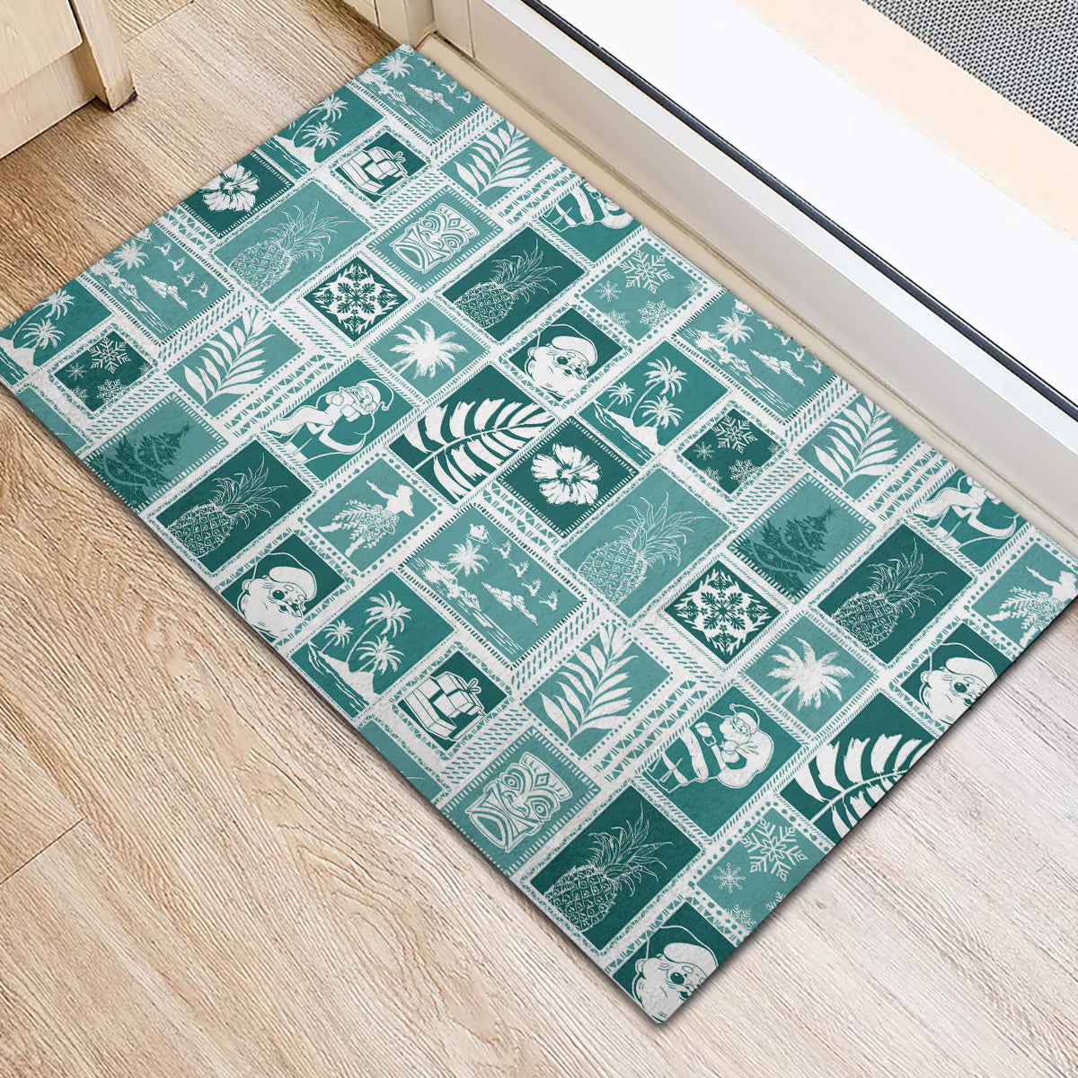 Hawaii Christmas Retro Patchwork Rubber Doormat Teal - Wonder Print Shop