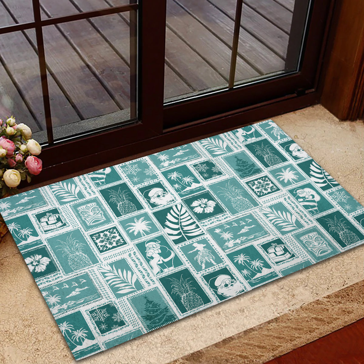 Hawaii Christmas Retro Patchwork Rubber Doormat Teal - Wonder Print Shop