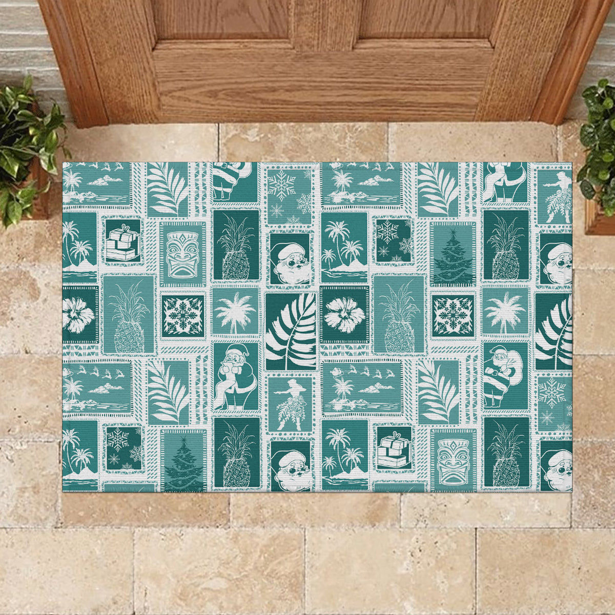Hawaii Christmas Retro Patchwork Rubber Doormat Teal - Wonder Print Shop
