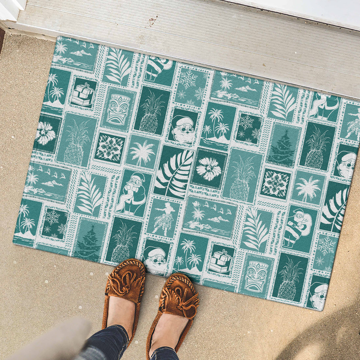 Hawaii Christmas Retro Patchwork Rubber Doormat Teal - Wonder Print Shop