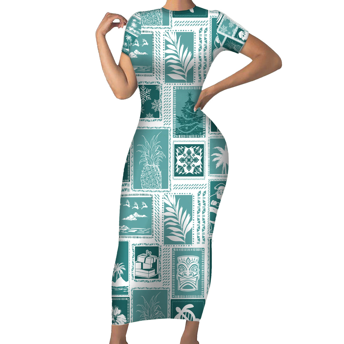 Hawaii Christmas Retro Patchwork Short Sleeve Bodycon Dress Teal - Wonder Print Shop