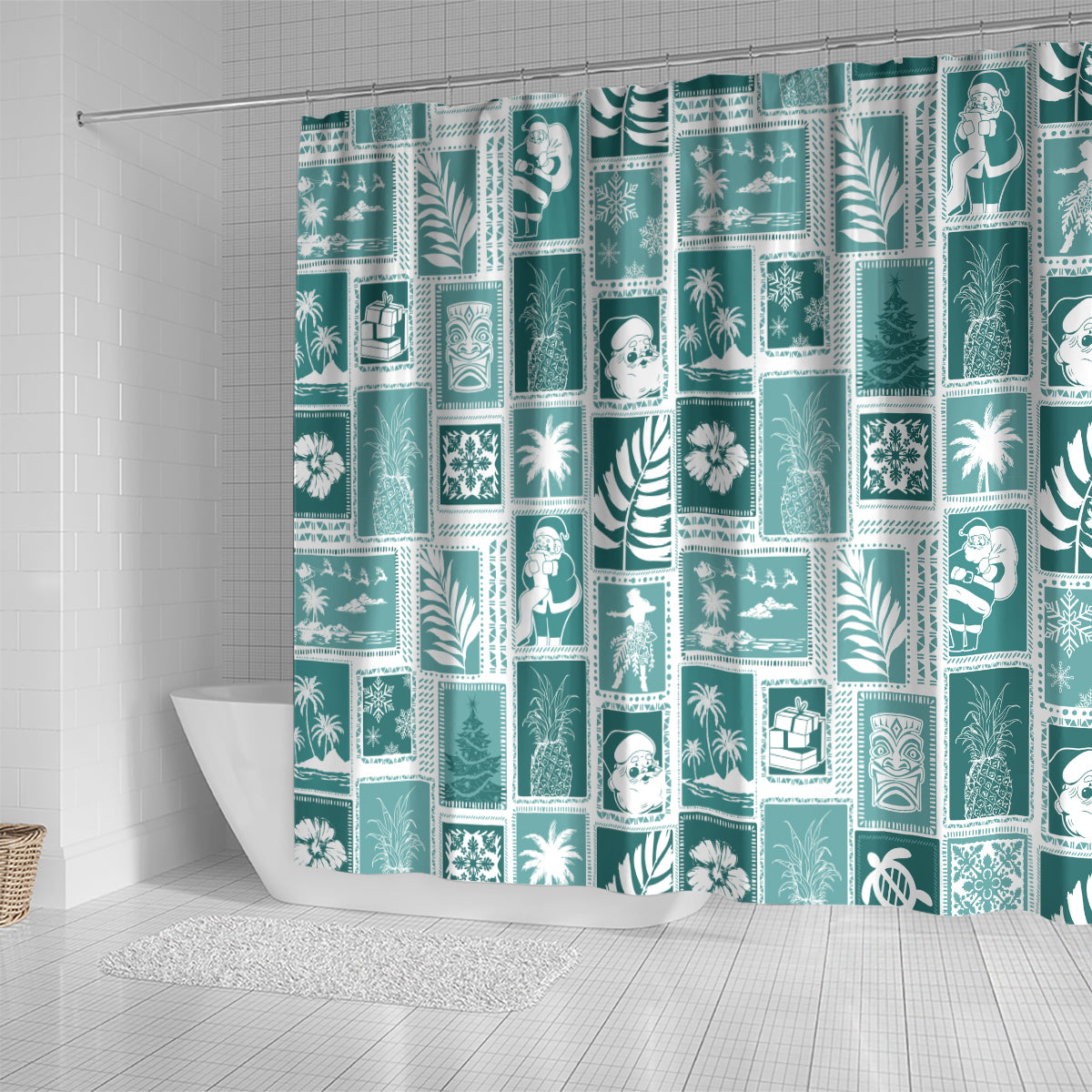 hawaii-christmas-retro-patchwork-shower-curtain-teal