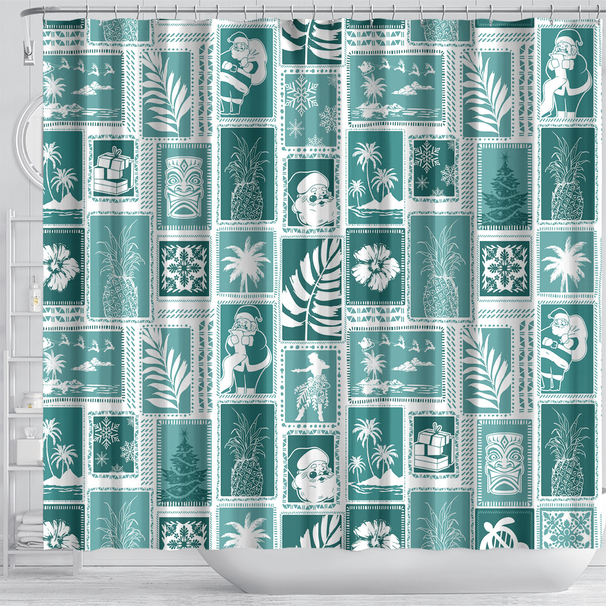 hawaii-christmas-retro-patchwork-shower-curtain-teal