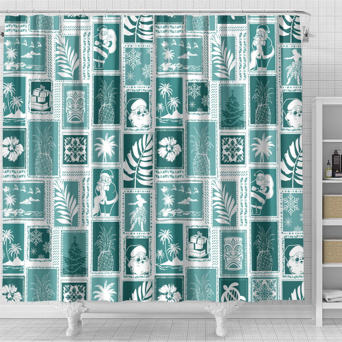 hawaii-christmas-retro-patchwork-shower-curtain-teal