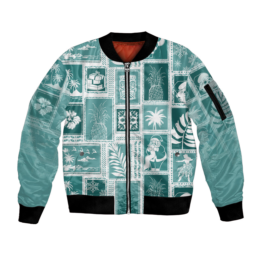 Hawaii Christmas Retro Patchwork Sleeve Zip Bomber Jacket Teal - Wonder Print Shop