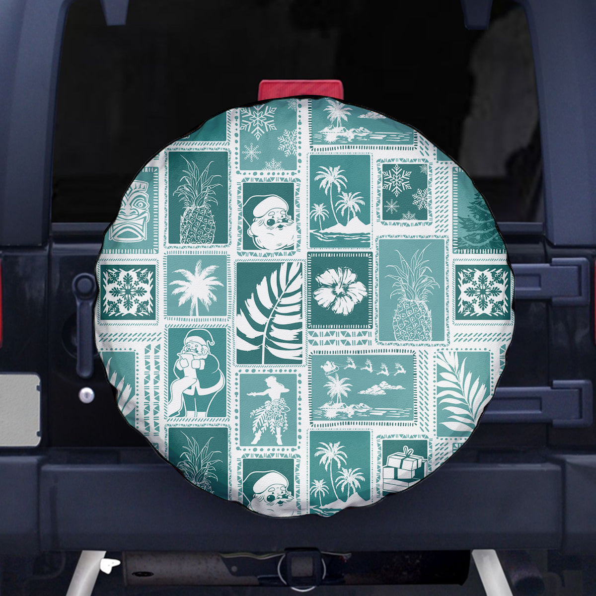 Hawaii Christmas Retro Patchwork Spare Tire Cover Teal - Wonder Print Shop